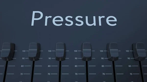 Multiple sliding faders on a panel with pressure inscription. Conceptual 3D rendering — Stock Photo, Image