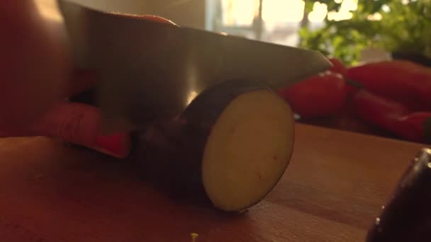 Mulher cortando berinjela em uma placa de madeira. Alimentação saudável e culinária em casa. Vídeo 4K — Vídeo de Stock