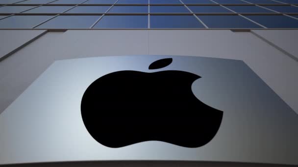 Placa de sinalização ao ar livre com logotipo da Apple Inc.. Edifício de escritórios moderno. Renderização 3D editorial — Vídeo de Stock