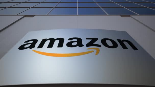 Εξωτερική σήμανση σκάφους με λογότυπο Amazon.com. Κτίριο σύγχρονων γραφείων. Συντακτική 3d rendering — Αρχείο Βίντεο