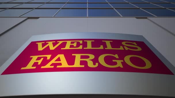 Buiten signalisatie bord met Wells Fargo logo. Modern kantoorgebouw. Redactioneel 3D-rendering — Stockvideo