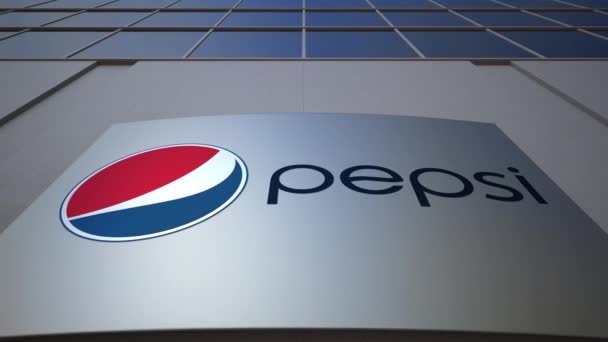 Наружная вывеска с логотипом Pepsi. Современное офисное здание. Редакционная 3D рендеринг — стоковое видео