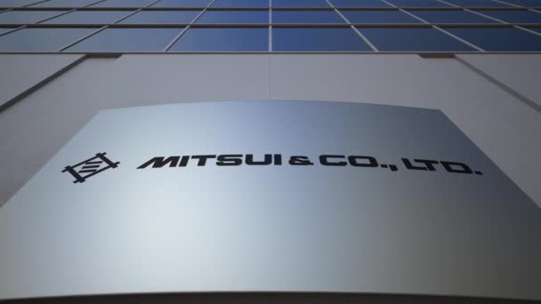 Oznakowania zewnętrznego deska z logo Mitsui & Co. Nowoczesny biurowiec. Redakcji renderowania 3d — Wideo stockowe