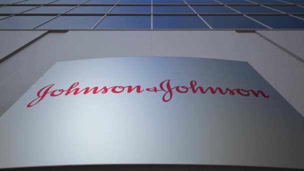 Oznakowania zewnętrznego deska z Johnsons logo. Nowoczesny biurowiec. Redakcji renderowania 3d — Wideo stockowe