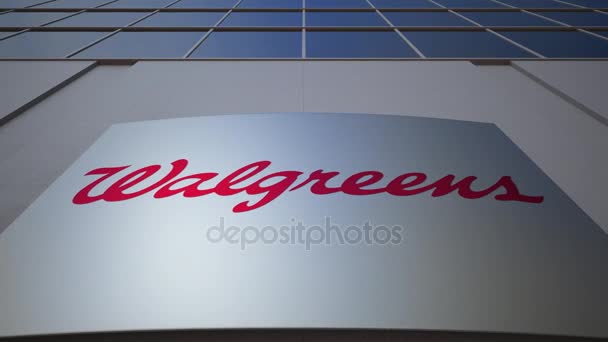 야외 간판 보드 Walgreens 로고입니다. 현대 사무실 건물입니다. 사설 3 차원 렌더링 — 비디오