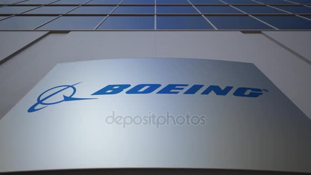 Kültéri jelzések kártya Boeing cég emblémáját. Modern irodaház. Szerkesztői 3d-leképezés — Stock videók