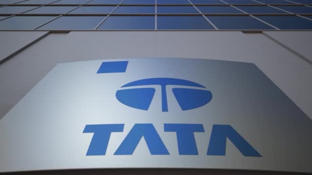 Venkovní značení deska s logem Tata Group. Moderní kancelářská budova. Úvodník 3d vykreslování — Stock video