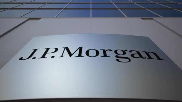 Εξωτερική σήμανση σκάφους με λογότυπο της JP Morgan. Κτίριο σύγχρονων γραφείων. Συντακτική 3d rendering — Αρχείο Βίντεο