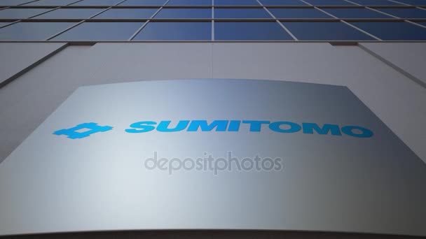 Placa de sinalização ao ar livre com logotipo da Sumitomo Corporation. Edifício de escritórios moderno. Renderização 3D editorial — Vídeo de Stock
