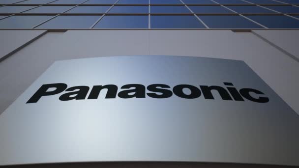 Oznakowania zewnętrznego deska z logo Panasonic Corporation. Nowoczesny biurowiec. Redakcji renderowania 3d — Wideo stockowe