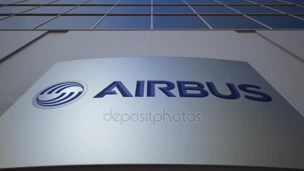 Εξωτερική σήμανση σκάφους με λογότυπο της Airbus. Κτίριο σύγχρονων γραφείων. Συντακτική 3d rendering — Αρχείο Βίντεο