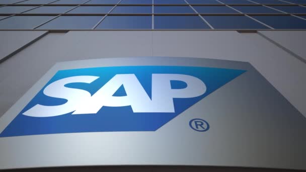 야외 간판 보드 Sap Se 로고입니다. 현대 사무실 건물입니다. 사설 3 차원 렌더링 — 비디오