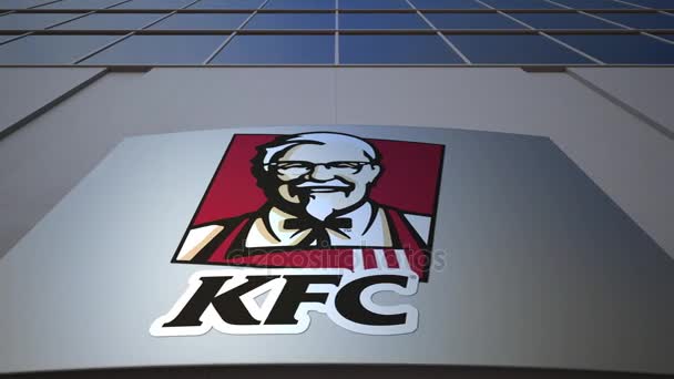 켄터키 프라이드 치킨 Kfc 로고 야외 간판 보드. 현대 사무실 건물입니다. 사설 3 차원 렌더링 — 비디오