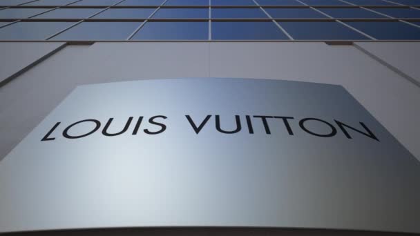 Venkovní značení deska s logem Louis Vuitton. Moderní kancelářská budova. Úvodník 3d vykreslování — Stock video