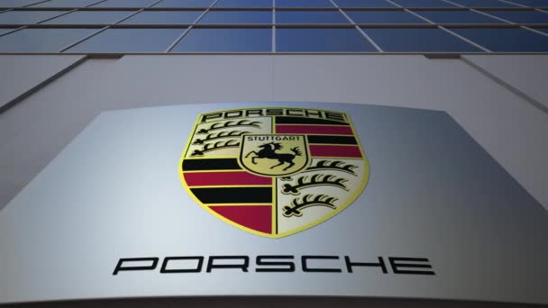 Cartello per esterni con logo Porsche. Moderno edificio per uffici. Rendering editoriale 3D — Video Stock