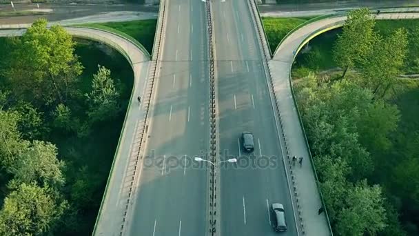 Foto aerea di auto e ciclisti che si muovono lungo l'autostrada la sera. Clip 4K — Video Stock