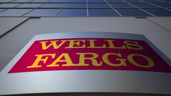 Εξωτερική σήμανση σκάφους με λογότυπο Wells Fargo. Κτίριο σύγχρονων γραφείων. Συντακτική 3d rendering — Φωτογραφία Αρχείου
