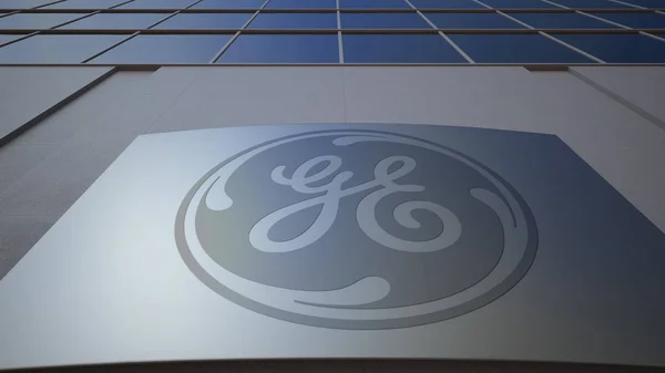 Εξωτερική σήμανση σκάφους με λογότυπο της General Electric. Κτίριο σύγχρονων γραφείων. Συντακτική 3d rendering — Φωτογραφία Αρχείου