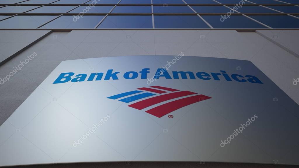 Outdoor signage board with Bank of America logo. Modern office building. Editorial 3D