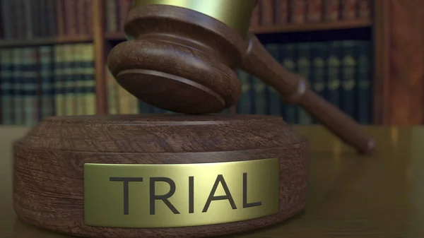 Δικαστές σφυρί χτυπώντας το μπλοκ με δίκη επιγραφή. 3D rendering — Φωτογραφία Αρχείου