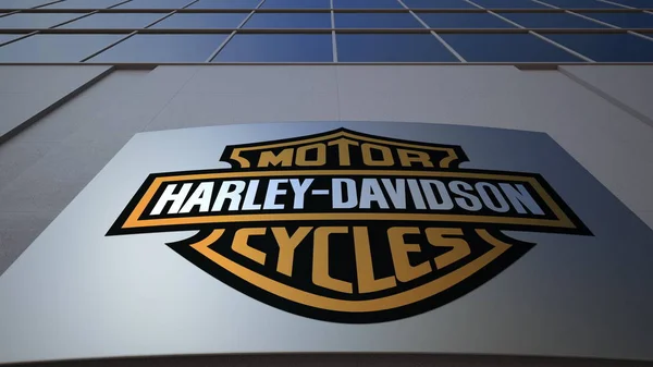 Εξωτερική σήμανση σκάφους με Harley-Davidson, Inc. λογότυπο. Κτίριο σύγχρονων γραφείων. Συντακτική 3d rendering — Φωτογραφία Αρχείου