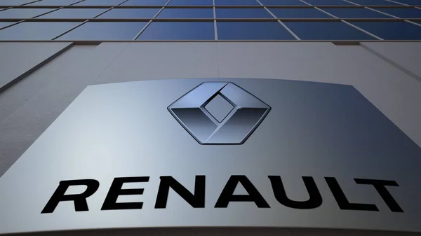 Placa de sinalização ao ar livre com logotipo Groupe Renault. Edifício de escritórios moderno. Renderização 3D editorial — Fotografia de Stock