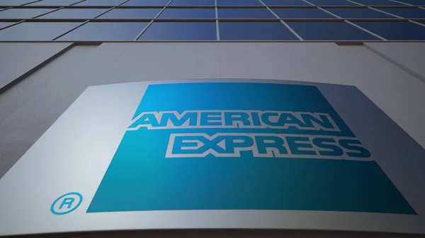 Venkovní značení deska s logem American Express. Moderní kancelářská budova. Úvodník 3d vykreslování — Stock fotografie
