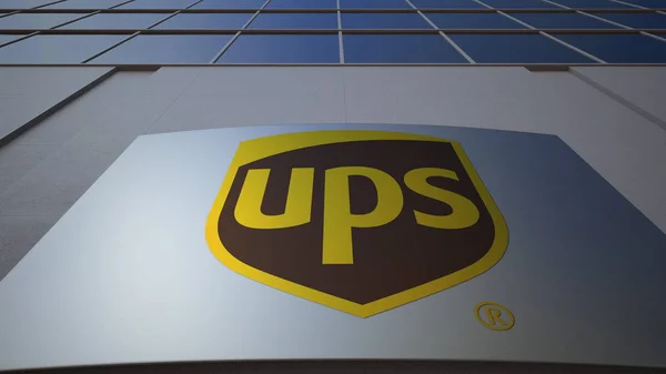 Відкритий вивісок ради з United Parcel служби Ups логотип. Сучасні Офісні будівлі. Редакційні 3d-рендерінг — стокове фото