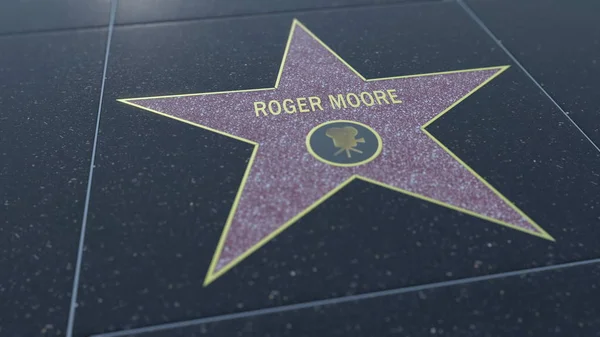 Hollywood Walk of Fame estrella con inscripción ROGER MOORE. Representación Editorial 3D — Foto de Stock