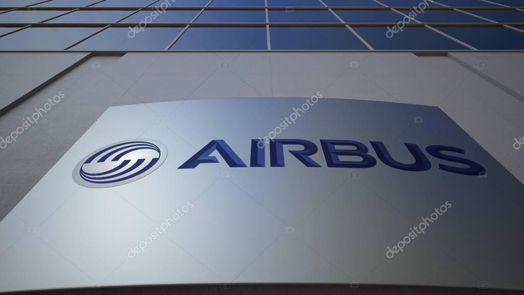 Outdoor signage board with Airbus logo. Modern office building. Editorial 3D