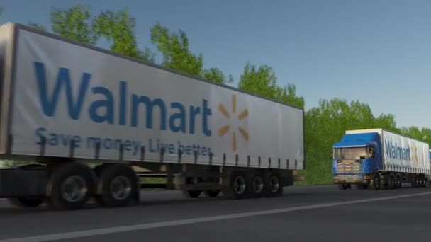 Fracht ciężarówki z logo Walmart jazdy wzdłuż dróg leśnych, Płynna pętla. Klip redakcji 4k — Wideo stockowe