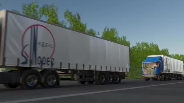 Грузовые полугрузовики с логотипом Sinopec едут по лесной дороге, бесшовная петля. Клип в 4K — стоковое видео
