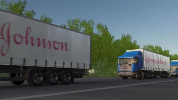 Truk barang semi truk dengan logo Johnson dan Johnson mengemudi sepanjang jalan hutan, loop mulus. Klip Editorial 4K — Stok Video
