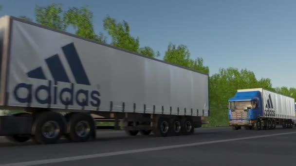 Ημι φορτηγών μεταφορών με Adidas επιγραφή και λογότυπο οδήγηση κατά μήκος το δασικό δρόμο, αδιάλειπτη βρόχο. Συντακτική 4k κλιπ — Αρχείο Βίντεο
