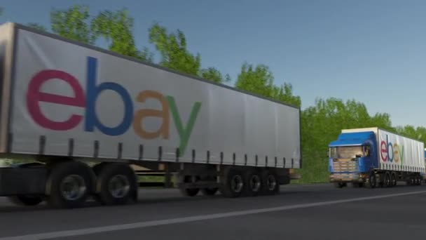 Ημι φορτηγών μεταφορών με ebay Inc. λογότυπο οδήγηση κατά μήκος το δασικό δρόμο, αδιάλειπτη βρόχο. Συντακτική 4k κλιπ — Αρχείο Βίντεο