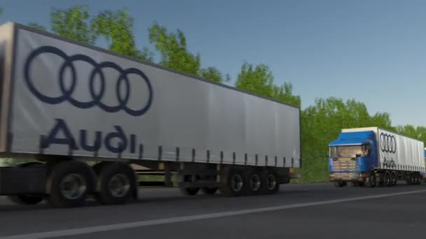 Fracht ciężarówki z logo Audi jadąc wzdłuż dróg leśnych, Płynna pętla. Klip redakcji 4k — Wideo stockowe