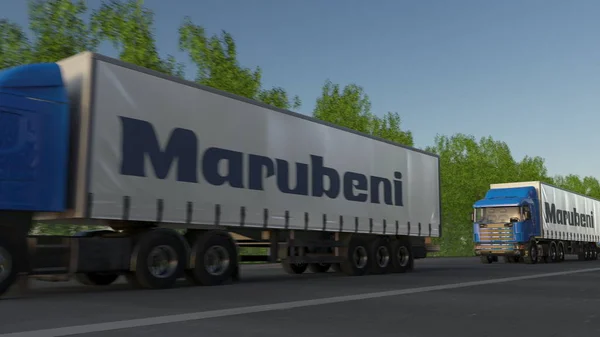 Підлозі вантажних автомобілів з логотипом Marubeni корпорації, проїжджаючи по лісовій дорозі. Редакційні 3d-рендерінг — стокове фото