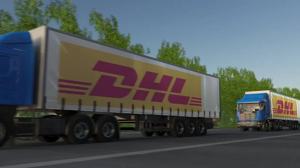 Підлозі вантажних автомобілів з логотипом Dhl Express, проїжджаючи по лісовій дорозі. Редакційні 3d-рендерінг — стокове фото