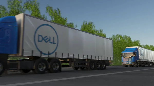 Грузовые полугрузовики с логотипом Dell Inc. едут по лесной дороге. Редакционная 3D рендеринг — стоковое фото
