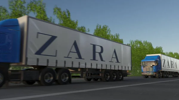 Vracht semi vrachtwagens met Zara logo rijden langs bos weg. Redactioneel 3D-rendering — Stockfoto