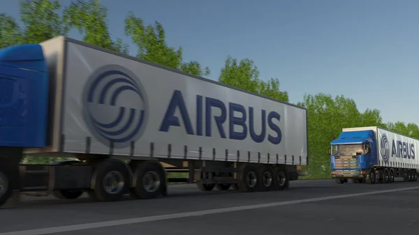 Підлозі вантажних автомобілів з логотипом Airbus, проїжджаючи по лісовій дорозі. Редакційні 3d-рендерінг — стокове фото