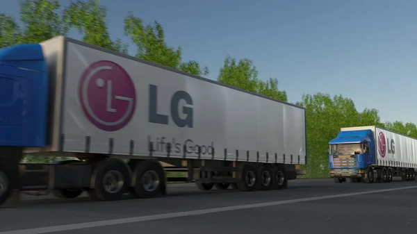 Підлозі вантажних автомобілів з логотипом Lg корпорації, проїжджаючи по лісовій дорозі. Редакційні 3d-рендерінг — стокове фото