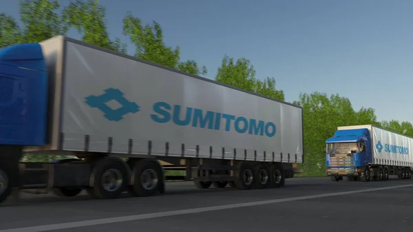 Підлозі вантажних автомобілів з логотипом корпорації Сумітомо проїжджаючи по лісовій дорозі. Редакційні 3d-рендерінг — стокове фото