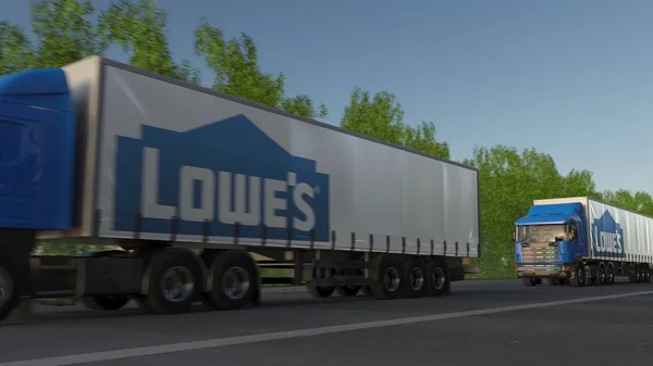 Vracht semi vrachtwagens met Lowes logo rijden langs bos weg. Redactioneel 3D-rendering — Stockfoto