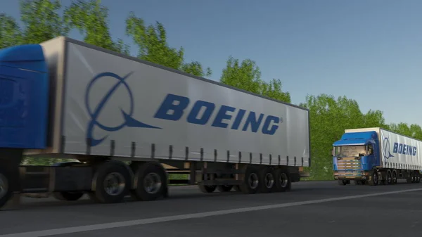 Vracht semi vrachtwagens met Boeing bedrijfslogo rijden langs bos weg. Redactioneel 3D-rendering — Stockfoto