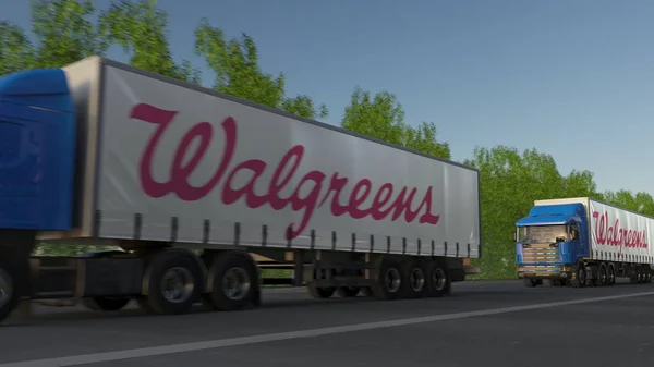 Vracht semi vrachtwagens met Walgreens logo rijden langs bos weg. Redactioneel 3D-rendering — Stockfoto