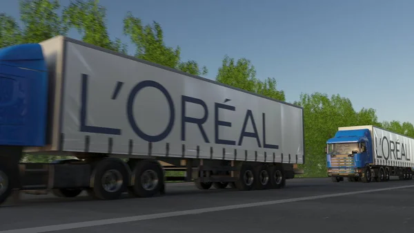 Vracht semi vrachtwagens met Loreal logo rijden langs bos weg. Redactioneel 3D-rendering — Stockfoto
