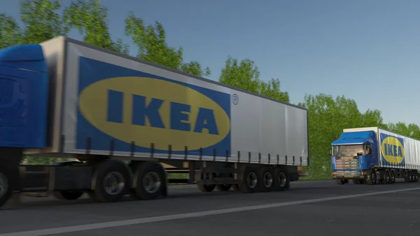 Підлозі вантажних автомобілів з логотипом Ikea, проїжджаючи по лісовій дорозі. Редакційні 3d-рендерінг — стокове фото