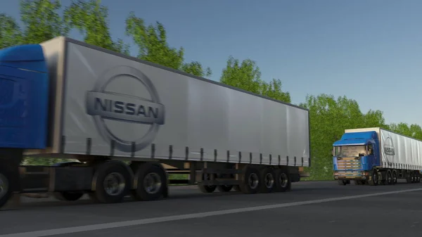 Vracht semi vrachtwagens met Nissan logo rijden langs bos weg. Redactioneel 3D-rendering — Stockfoto