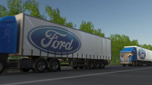 Vracht semi vrachtwagens met Ford Motor Company logo rijden langs bos weg. Redactioneel 3D-rendering — Stockfoto